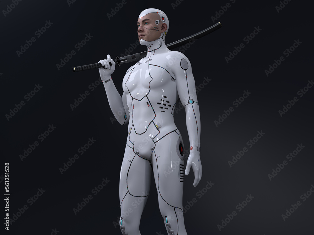 3D render : portrait of futuristic male humanoid robot armed with long katana sword, cyberpunk concept 3D render : portrait of futuristic male humanoid robot armed with long katana sword, cyberpunk concept