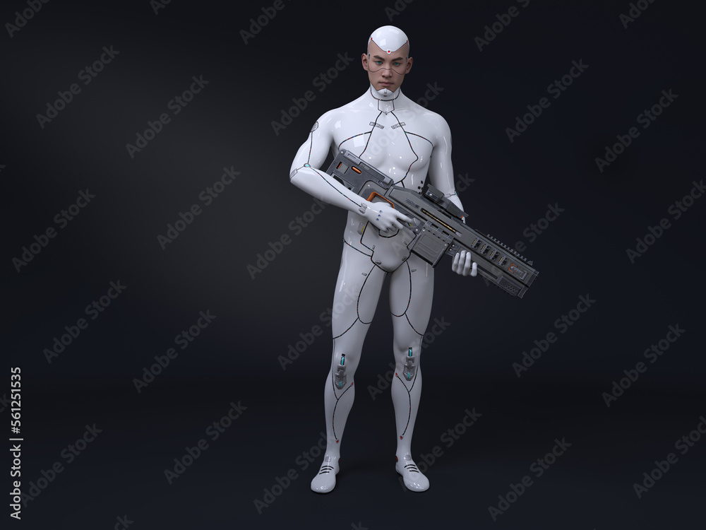 3D render : portrait of futuristic male humanoid robot armed with gun weapon, cyberpunk concept 3D render : portrait of futuristic male humanoid robot armed with gun weapon, cyberpunk concept