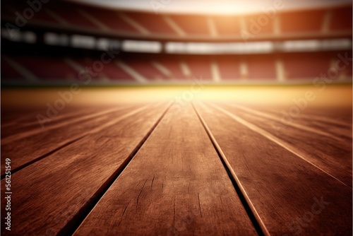 Wood table top on blurred background of Red running tracks in sport stadium. Generative AI © Create image