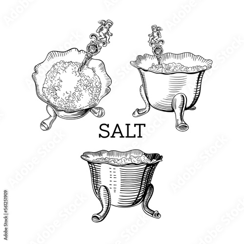 antique salt-cellar with a spoon for salt in variety racurses. A vector drawing, which is stylised to engraving on white background