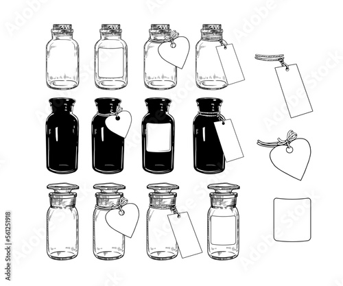 set of empty glass jars and bottles with labels of various shapes. Hand-drawn vector illustration.