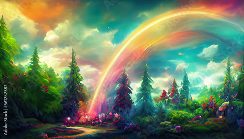 Magical rainbow in fairy tale forest as fantasy wallpaper