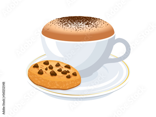 Cappuccino with milk foam and chocolate chip cookie icon vector. Cookie and coffee cup icon vector isolated on a white background