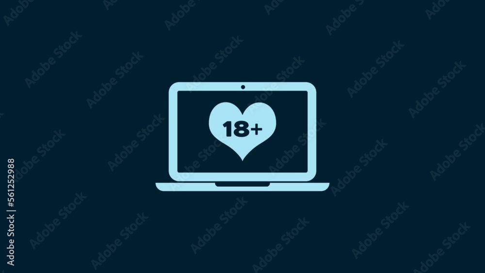 White Laptop computer with 18 plus content heart icon isolated on blue background. Age restriction symbol. 18 plus content sign. Adult channel. 4K Video motion graphic animation White Laptop computer with 18 plus content heart icon isolated on blue background. Age restriction symbol. 18 plus content sign. Adult channel. 4K Video motion graphic animation