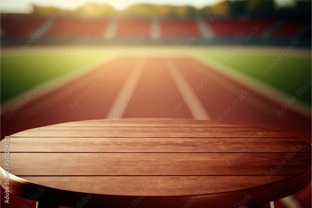 Wood table top on blurred background of Red running tracks in sport stadium. Generative AI Wood table top on blurred background of Red running tracks in sport stadium. Generative AI