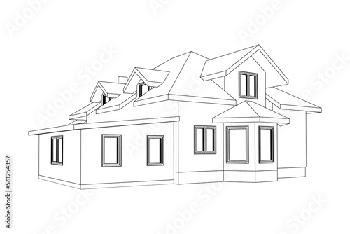 Vector wireframe perspective of luxury modern house exterior. 3D vector model of cottage isolated on white background.