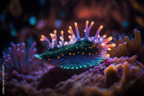 Glowing nudibranch underwater. Generative AI © Gasia