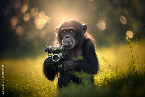 Affe mit einer Kamera in der Natur am fotografieren - Ai generiert photo