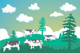 vector illustration of 4 cows eating grass in a desert meadow. with sky and clouds cows eating grass