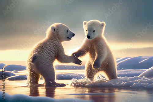 Niedliche Eisbärbabys spielen zusammen im Schnee, schöne Naturszene in arktischer Winterlandschaft, generative ai