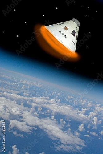 Illustration of the Orion spacecraft crew module retuning to  to earth  photo