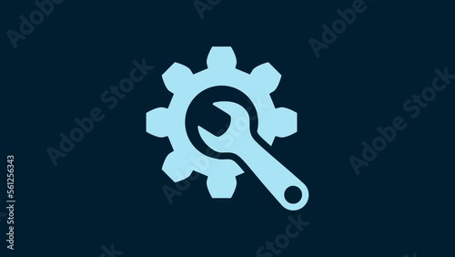 White Wrench and gear icon isolated on blue background. Adjusting, service, setting, maintenance, repair, fixing. 4K Video motion graphic animation