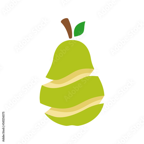 Peeled green pear with a stem and a leaf. Carving fruit. Green Anjou pear. Healthy diet concept. Organic fruit icon symbol. Slices of pear with shadows. Natural snack. Vector illustration clip art 