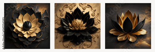 Lutus flower 3d wallpaper for wall frames fractal flowers golden and black liquid marble background. Resin geode and abstract art, functional art, like geode painting. Ai generated art photo