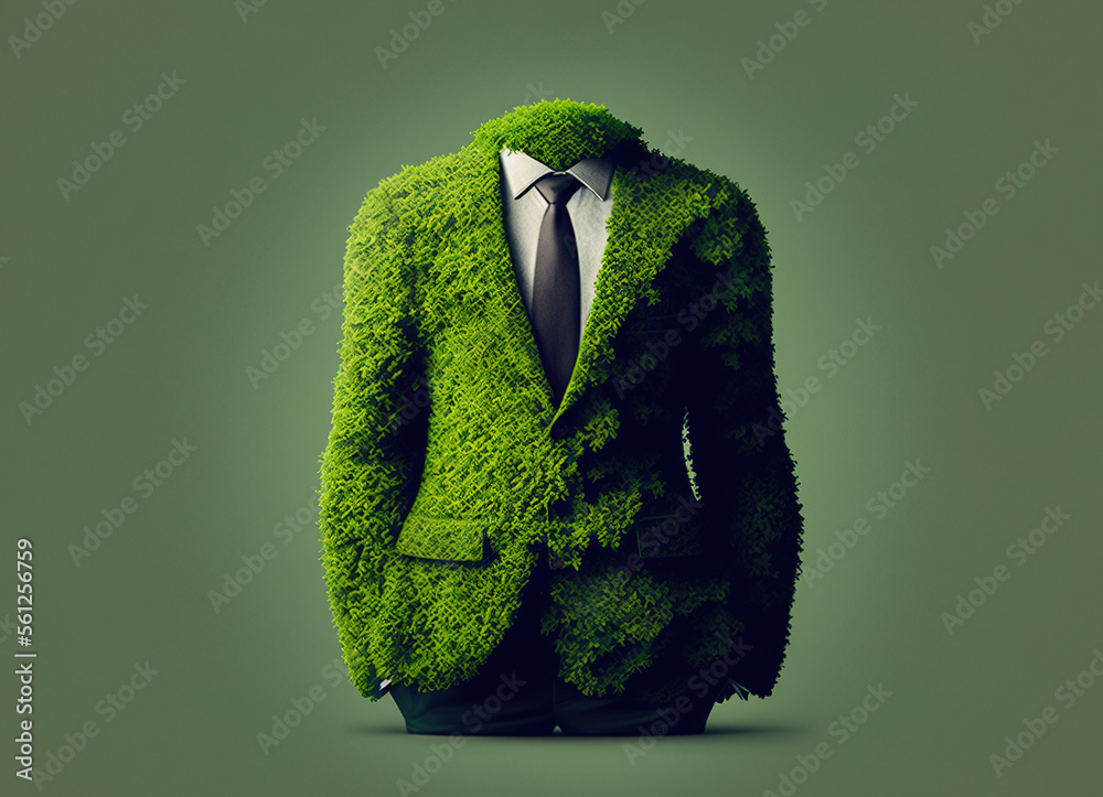 Environmental friendly business, with business suit made from green moss  Generative AI illustration - obrazy, fototapety, plakaty 