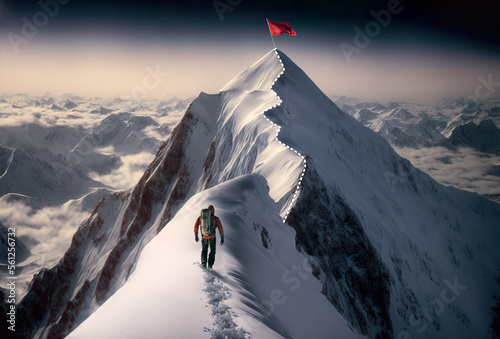 Fotografiet Reaching your goals concept, mountain climber folowing path to flag on top of mo