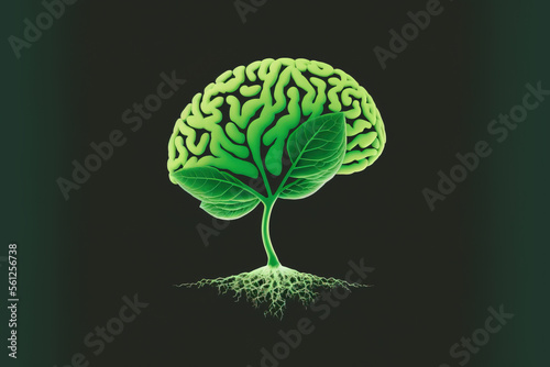 Green brain with roots and leaves, Generative AI illustration photo