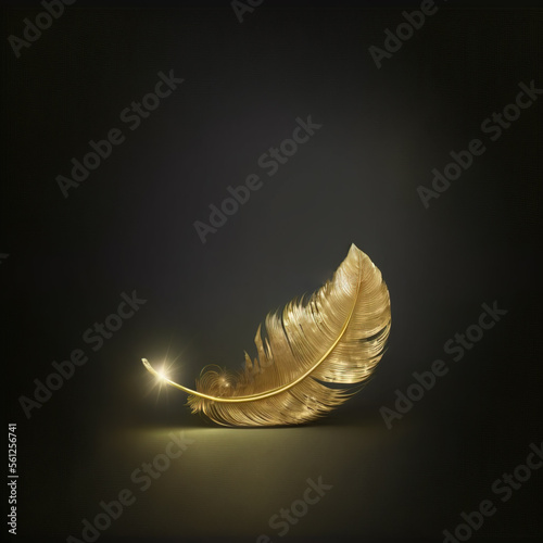 Shiny single golden feather with spark of light on dark background, Generative AI illustration photo