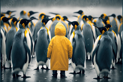 Kid in yellow rain coat standing between penguins , Generative Ai illustration