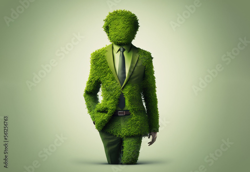 Environmental conscious business with unrecognizable businessman made from green moss, Generative AI illustration photo