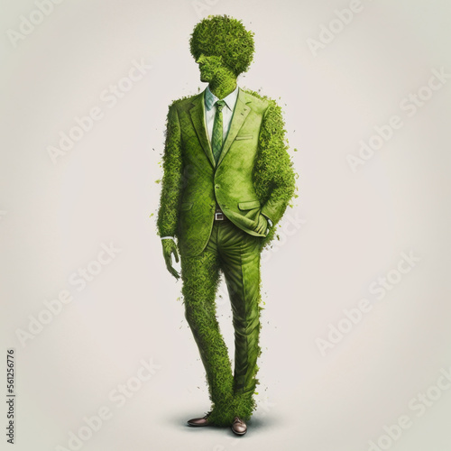 Environment sustainable business , with businessman drawing, made from green plants, Generative AI illustration photo