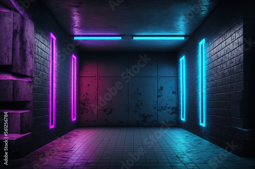 Underground Garage Room Cement Asphalt Neon Lights Concrete Brick Wall Realistic Blue Purple Colors Cyber Background. Generative AI.