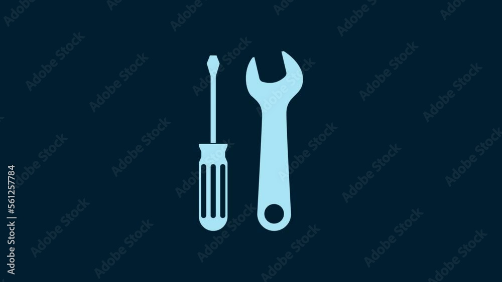 White Screwdriver and wrench tools icon isolated on blue background. Service tool symbol. 4K Video motion graphic animation White Screwdriver and wrench tools icon isolated on blue background. Service tool symbol. 4K Video motion graphic animation