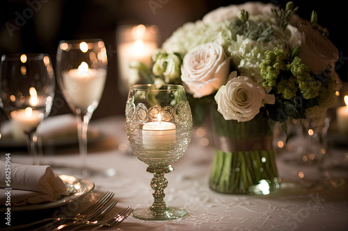 Table at a spring wedding reception with glass ware, candles and flower arrangements on the table