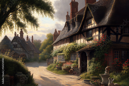 Oil painting of an old fashioned quintessential English country village in a rural landscape setting with an Elizabethan Tudor thatched cottage, computer Generative AI stock illustration image photo