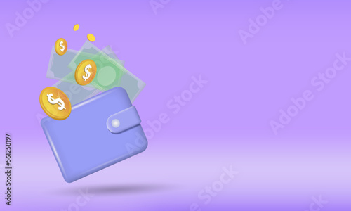 Fototapeta Naklejka Na Ścianę i Meble -  A wallet with coins. Vector banner with space to copy on a lilac background, 3d image.