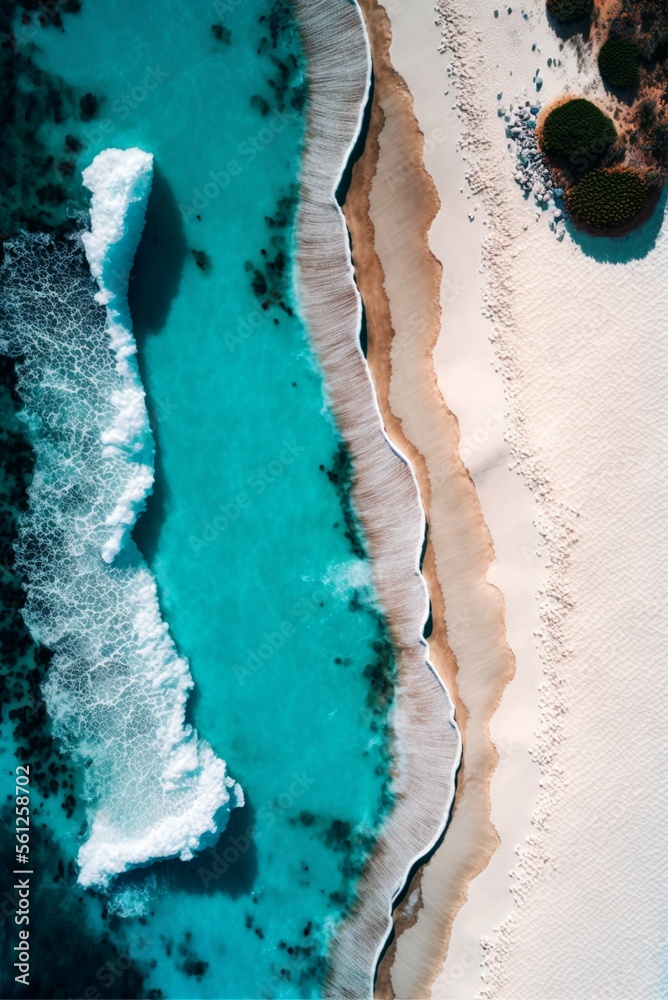 An aerial view of a white beach and blue ocean art