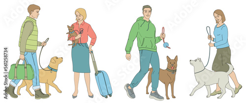 peoples walking with pets, linear vector color illustration