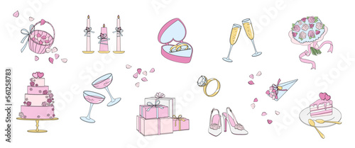 set elements about Marriage ceremony, wedding day.Cake, bridal rings, candles, wedding gifts, glasses of champagne, bridesmaid shoes, linear color vector illustration 