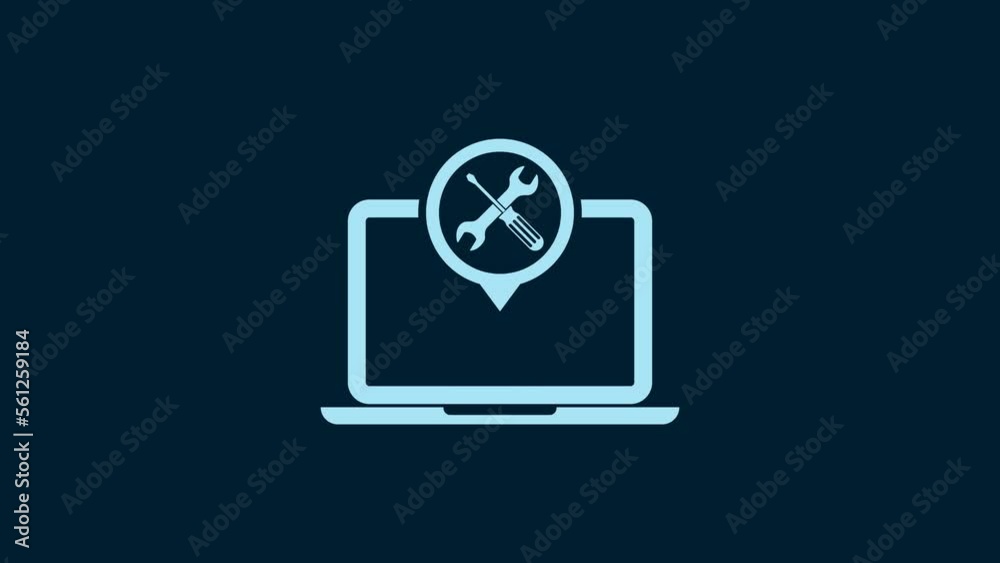 White Laptop with screwdriver and wrench icon isolated on blue background. Adjusting, service, setting, maintenance, repair, fixing. 4K Video motion graphic animation White Laptop with screwdriver and wrench icon isolated on blue background. Adjusting, service, setting, maintenance, repair, fixing. 4K Video motion graphic animation