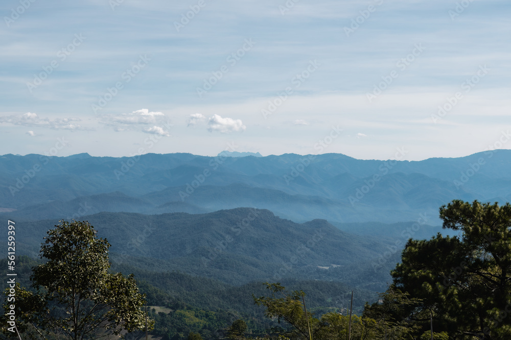 Beautiful blue mountain landscape view from Northern Thailand with copy space