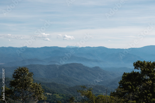 Beautiful blue mountain landscape view from Northern Thailand with copy space