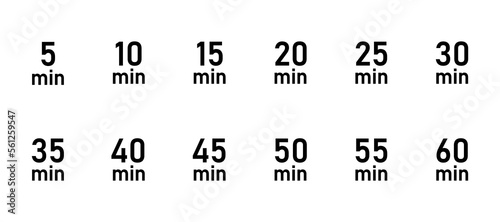  10, 15, 20, 25, 30, 35, 40, 45, 50 min,Timer, clock, stopwatch isolated set icons. Great design for any purposes. Vector logo