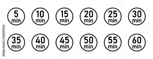  10, 15, 20, 25, 30, 35, 40, 45, 50 min,Timer, clock, stopwatch isolated set icons. Great design for any purposes. Vector logo
