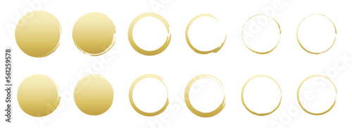 Set of hand drawn gold circle, sketch lines. Gold round frame collection.