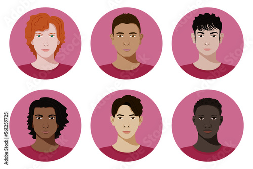 Set of vector teenagers or students diverse badges in realistic flat style on light viva magenta background. Collection of youth characters with different skin colors in viva magenta t-shirts.