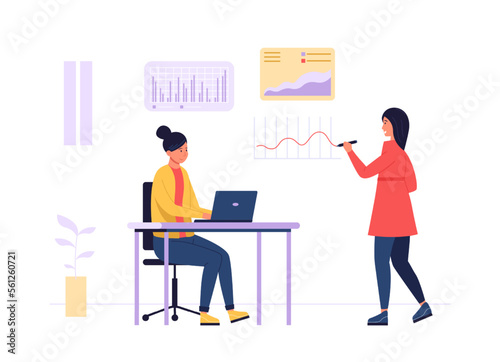 Market forecast. Employee sitting at desk with laptop and taking notes, female character drawing graph