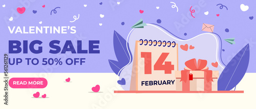 Valentine's sale cover banner template with 14 Feb calendar and decoration gifts.