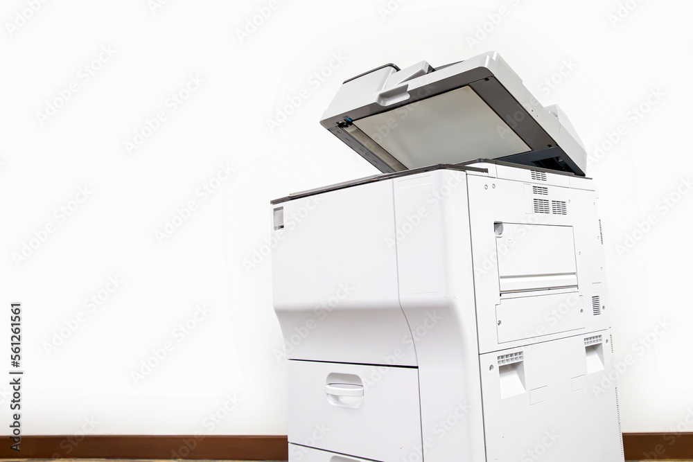 Photocopier printer, The copier or photocopy machine office equipment workplace on white wall background for scanner or scanning document and printing or copy paper duplicate and Xerox. - obrazy, fototapety, plakaty 