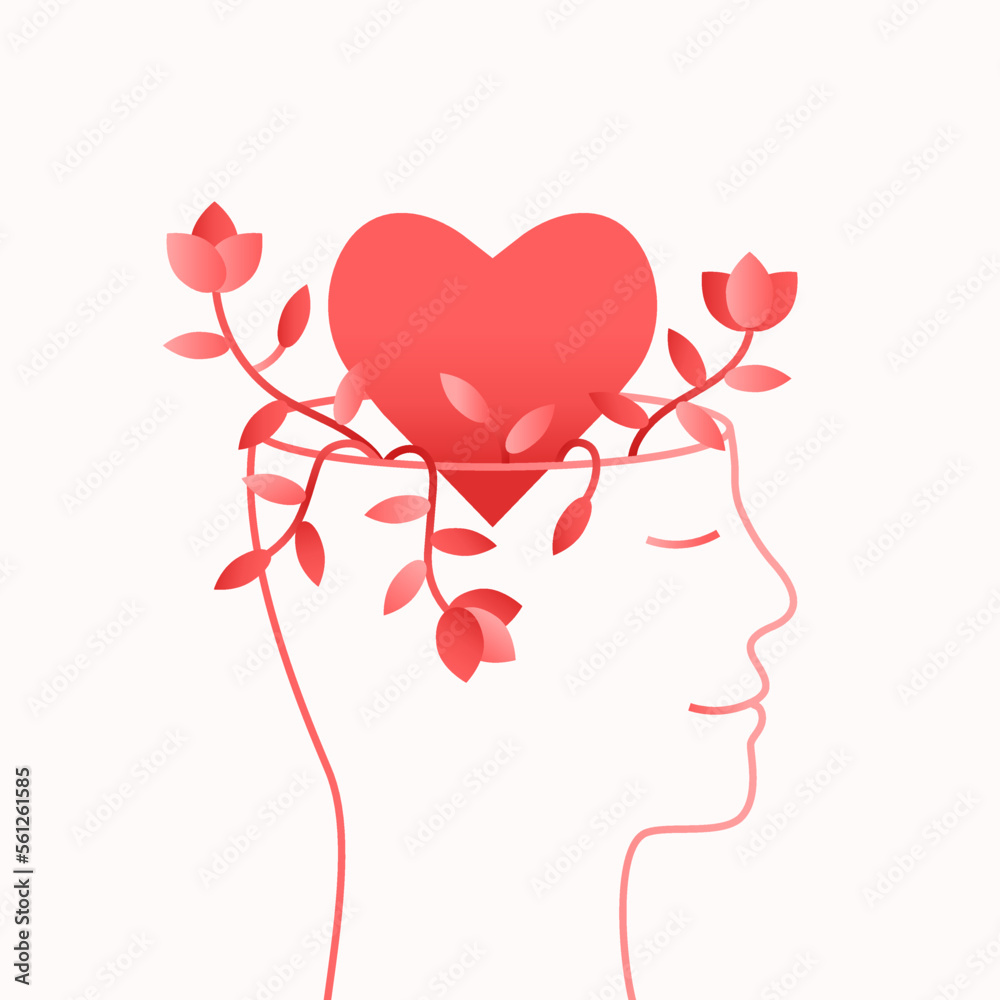 Human head and face outline with heart shape, flowers and plants as mental health, self love or emotional intelligence concept