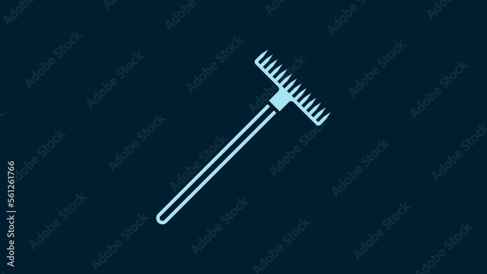 White Garden rake icon isolated on blue background. Tool for horticulture, agriculture, farming. Ground cultivator. Housekeeping equipment. 4K Video motion graphic animation White Garden rake icon isolated on blue background. Tool for horticulture, agriculture, farming. Ground cultivator. Housekeeping equipment. 4K Video motion graphic animation