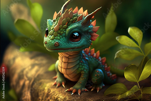 Little baby dragon sitting in sunlit forest created with Generative AI technology