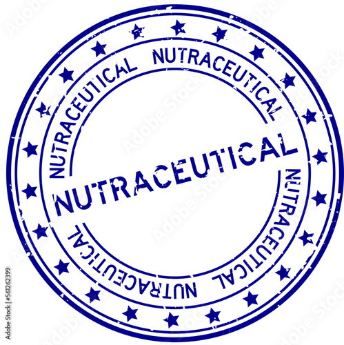 Grunge blue nutraceutical word with star icon round rubber seal stamp on white background