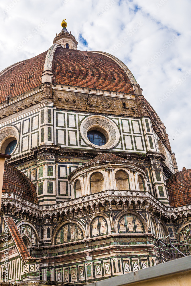 Florence, Italy. The dome of the cathedral (the largest brick dome in the world, UNESCO) and the marble facade