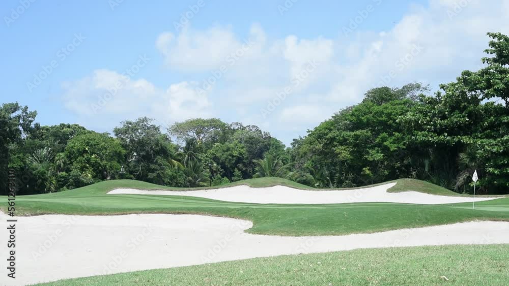 The beauty of a golf course in lush, tropical Mexico in HD footage shows a green protected by sand bunkers and surrounded by exotic plants. Perfect for sports-themed projects or travel promotions. The beauty of a golf course in lush, tropical Mexico in HD footage shows a green protected by sand bunkers and surrounded by exotic plants. Perfect for sports-themed projects or travel promotions.