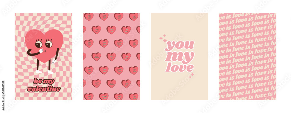 Groovy Valentine lovely poster set. Love concept. Be my valentine. Happy Valentines day greeting card. Funky pattern and texture in trendy retro 60s 70s 80s cartoon style. Vector illustration